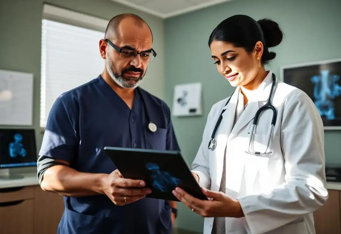 Two clinicians review imaging together in a modern consultation office.