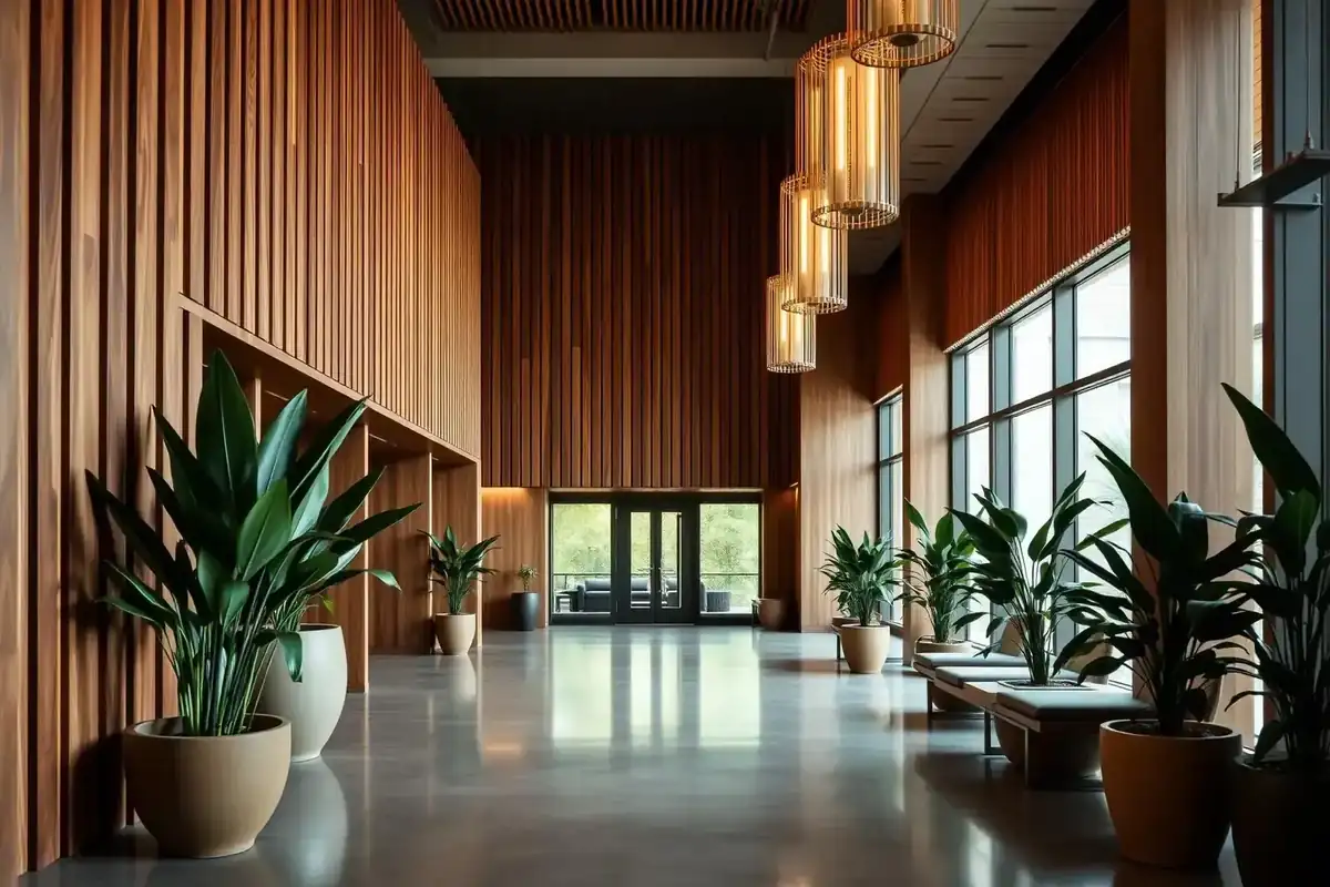 A modern restorative medicine clinic lobby with warm wood and natural light.